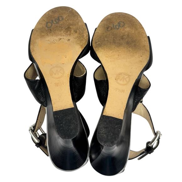 Michael Michael Kors Logo Black Leather Metallic Strappy Wedge Sandals Sz 7.5M - Picture 7 of 16